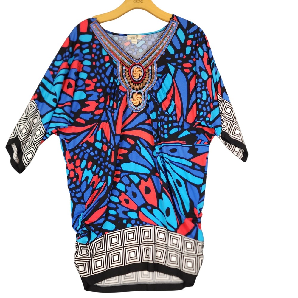 One World Butterfly Print Embellished‎ V Neck Dolman Sleeve Tunic Top Women M